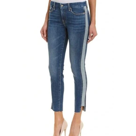 7 For All Mankind Two Toned Side Striped Skinny Leg Jeans Mid Rise Raw Hem Sz 24 - Picture 2 of 14